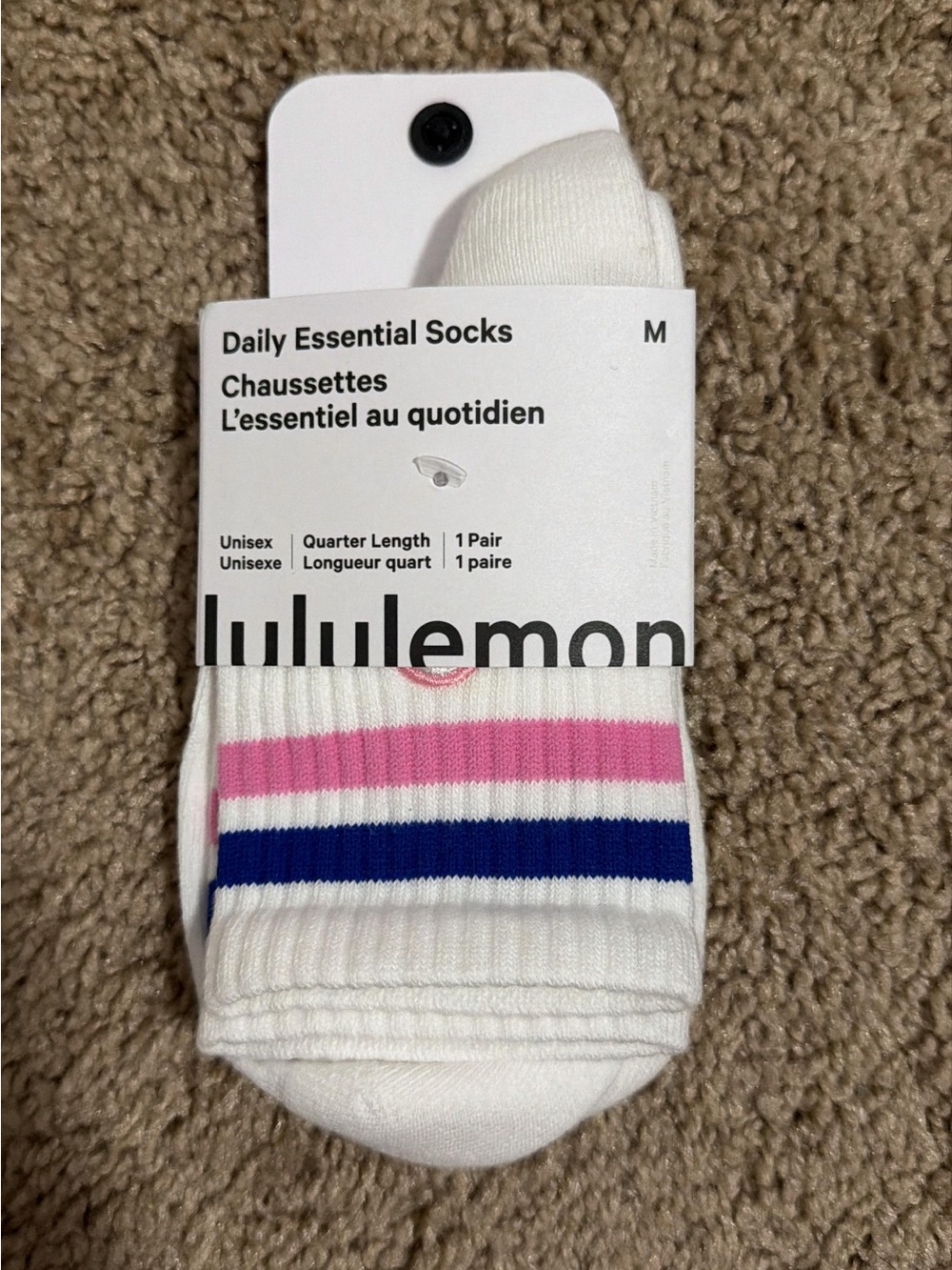 lululemon athletica White Daily Essential Socks with Pink and Blue Stripes